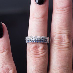 14K White Gold Blue Ombre Diamond, Topaz, and Sapphire Stacking Rings.